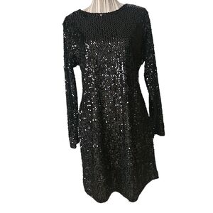 Studio 124 Woman Black Embellished Long Sleeve Sequin Mini Coctail Dress Size L